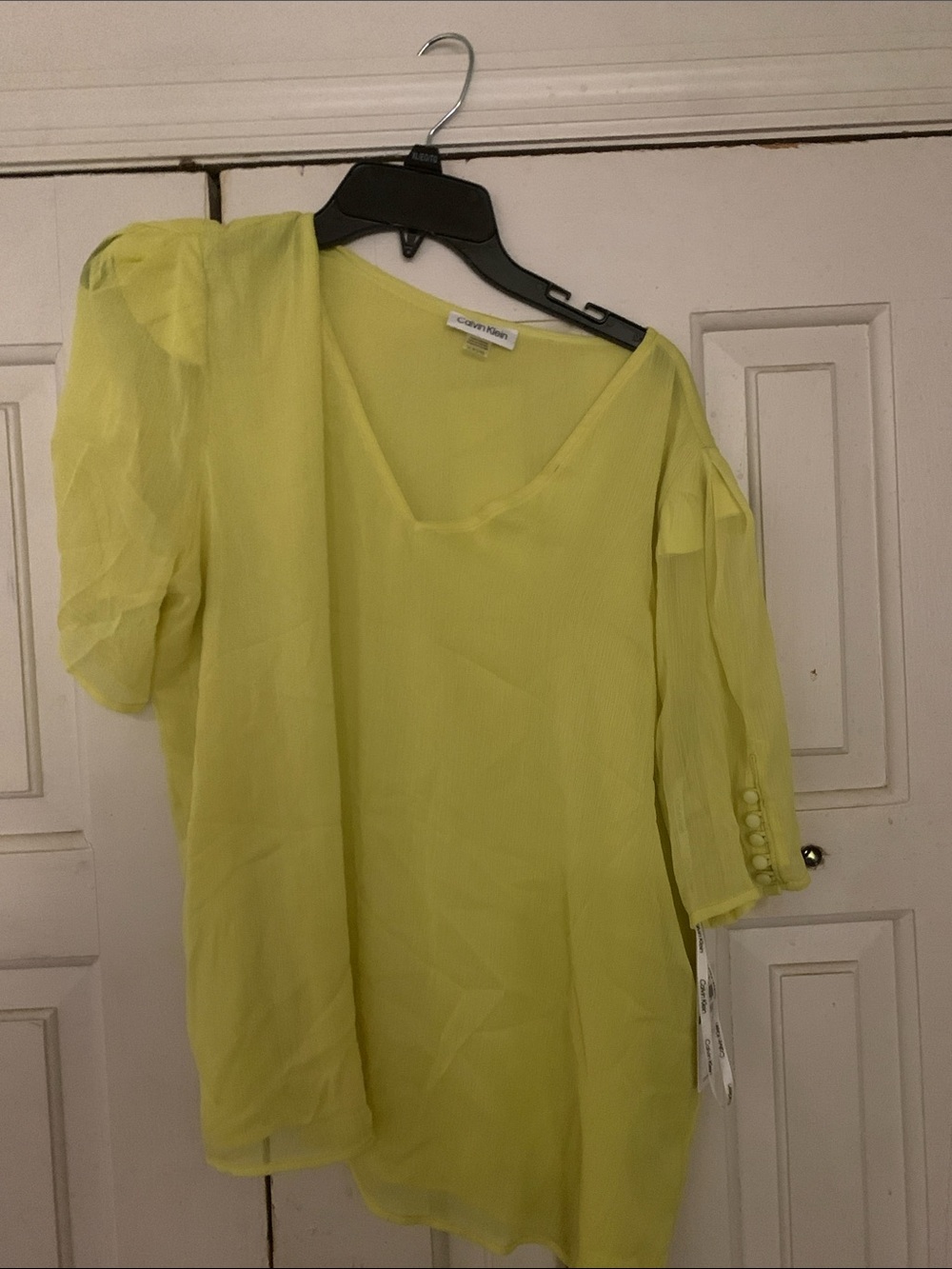 Calvin Klein Lime Green Sheer V-Neck Blouse